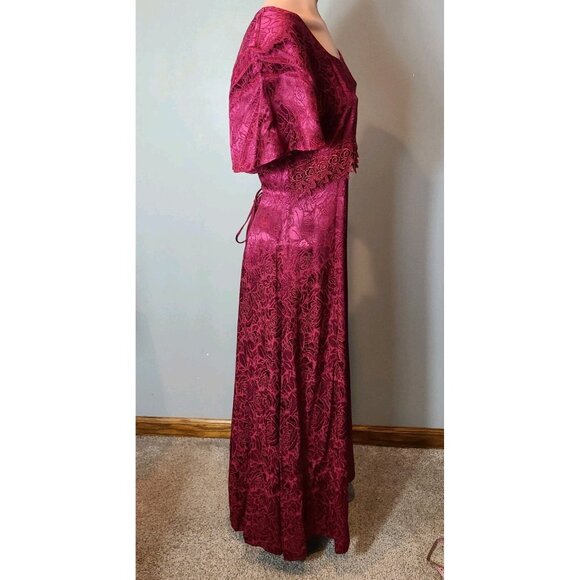 Vintage 90s Dress Floral Brocade Satin 3D Rose Lace Red Gilded Age Holiday Large - Picture 5 of 11